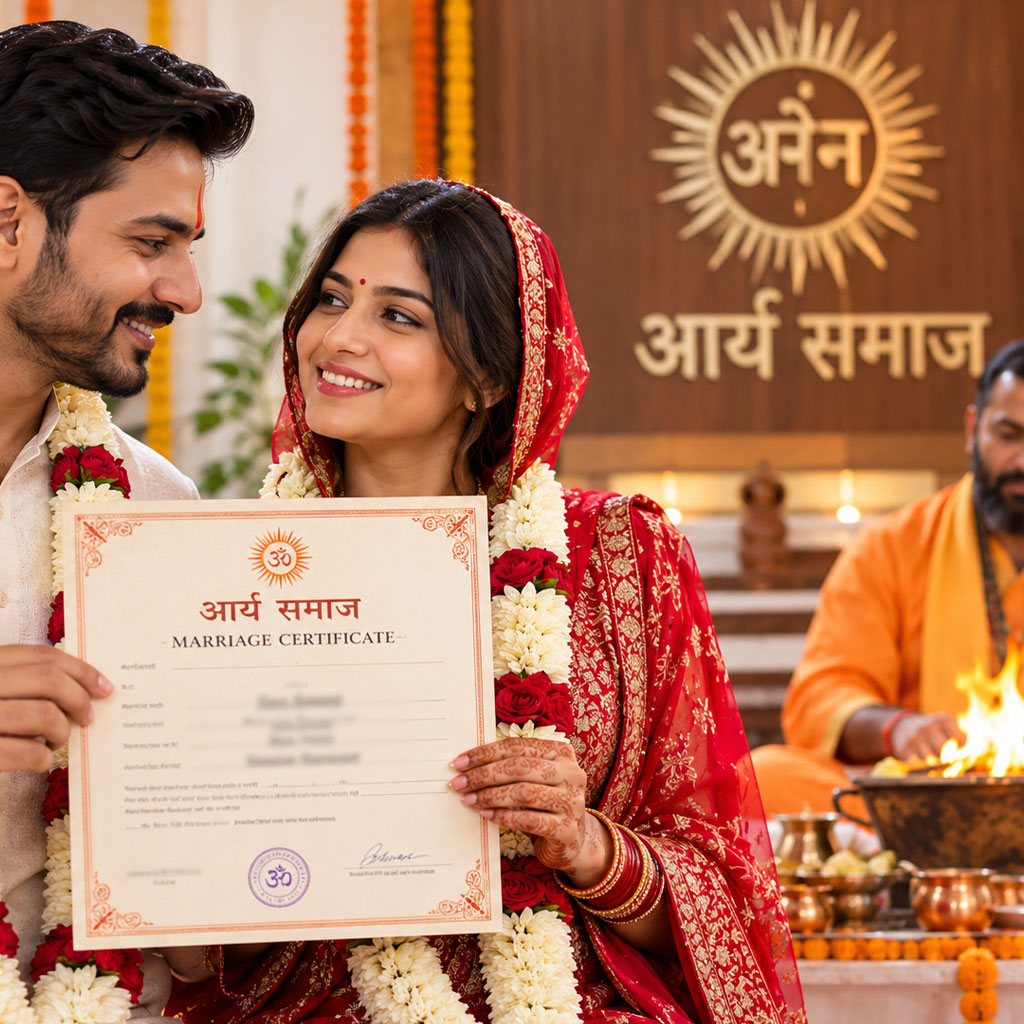 Arya Samaj style wedding ceremony performed indoors with family