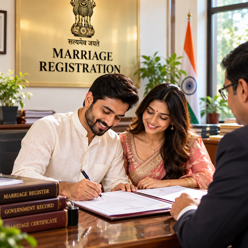 Marriage register and certificate with wedding ring on a desk